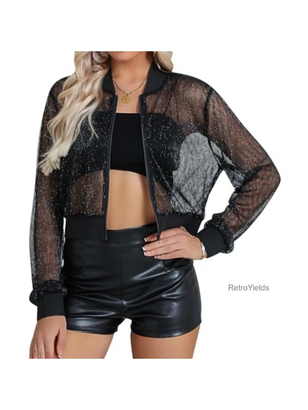 Sheer Mesh Sparkly Zip Crop Jacket Lightweight Party Layer